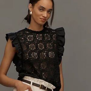 Anthropologie, Flat White, Black Crochet Ruffle Sleeve Top